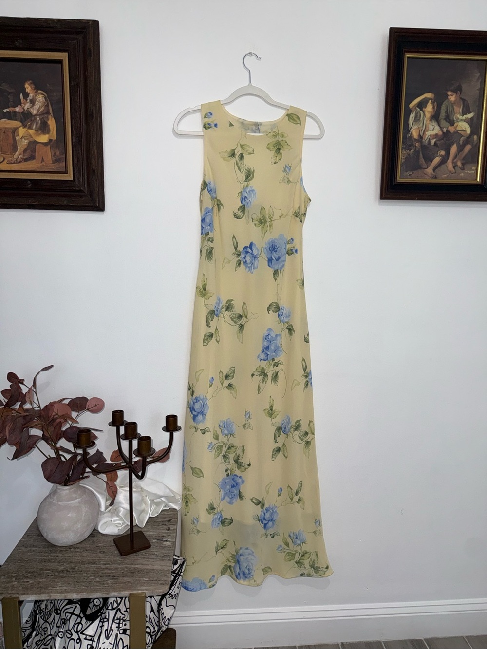 Pale Yellow Maxi Dress with Blue Floral Print